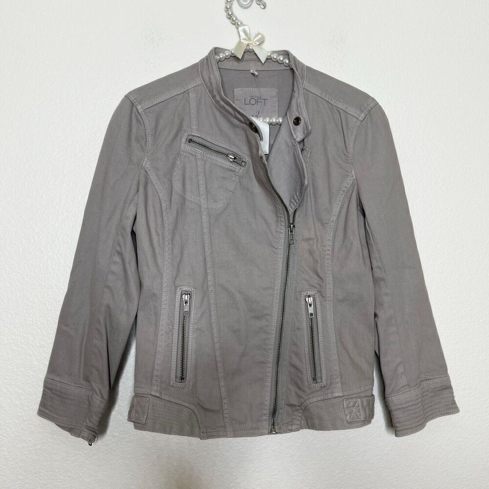 LOFT Jean Jacket Size 2 Khaki Taupe Stretch Moto Zipper Pockets Asymmetrical Zip